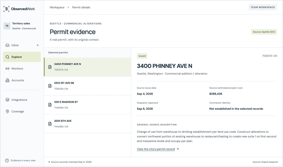 Seattle permit details showing issue date, reported project cost, original source description and contractor identity context.